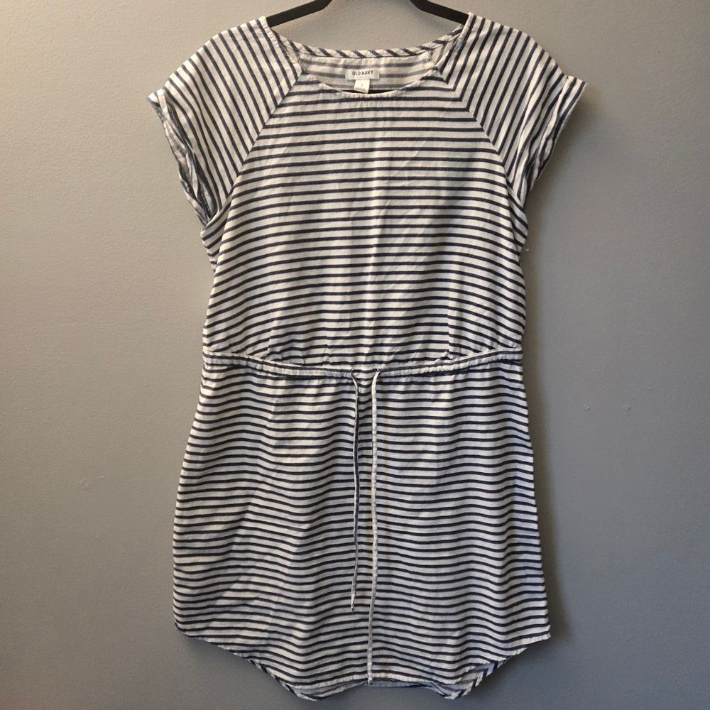 Old Navy Womens Small Dress Navy Blue White Striped 100% Cotton Drawstring Waist